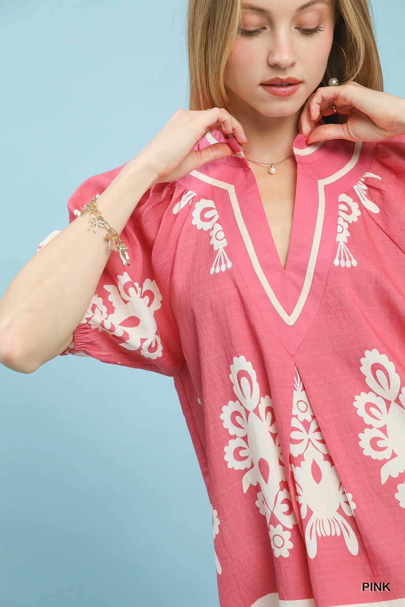 UMGEE Boho Print Split-Neck Short Sleeve Top on Simply Obsessed