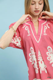 UMGEE Boho Print Split-Neck Short Sleeve Top on Simply Obsessed