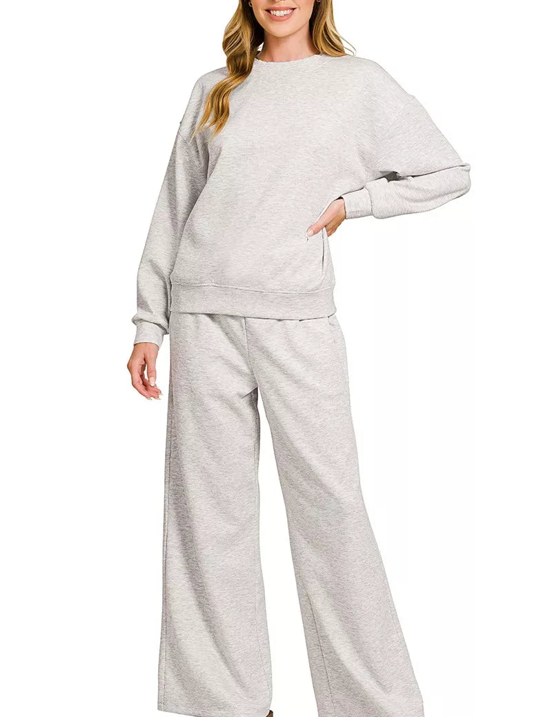 ZENANA Scuba Crewneck Pullover and Pants Set on Simply Obsessed