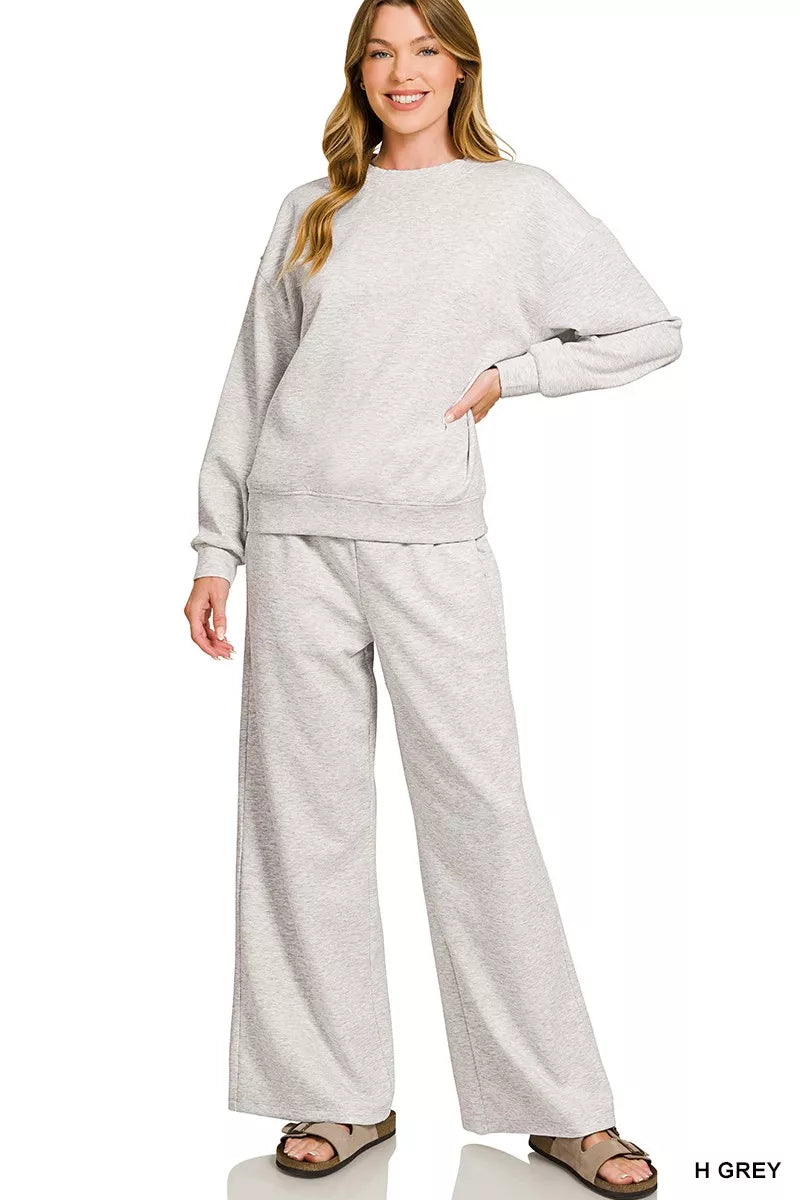 ZENANA Scuba Crewneck Pullover and Pants Set on Simply Obsessed