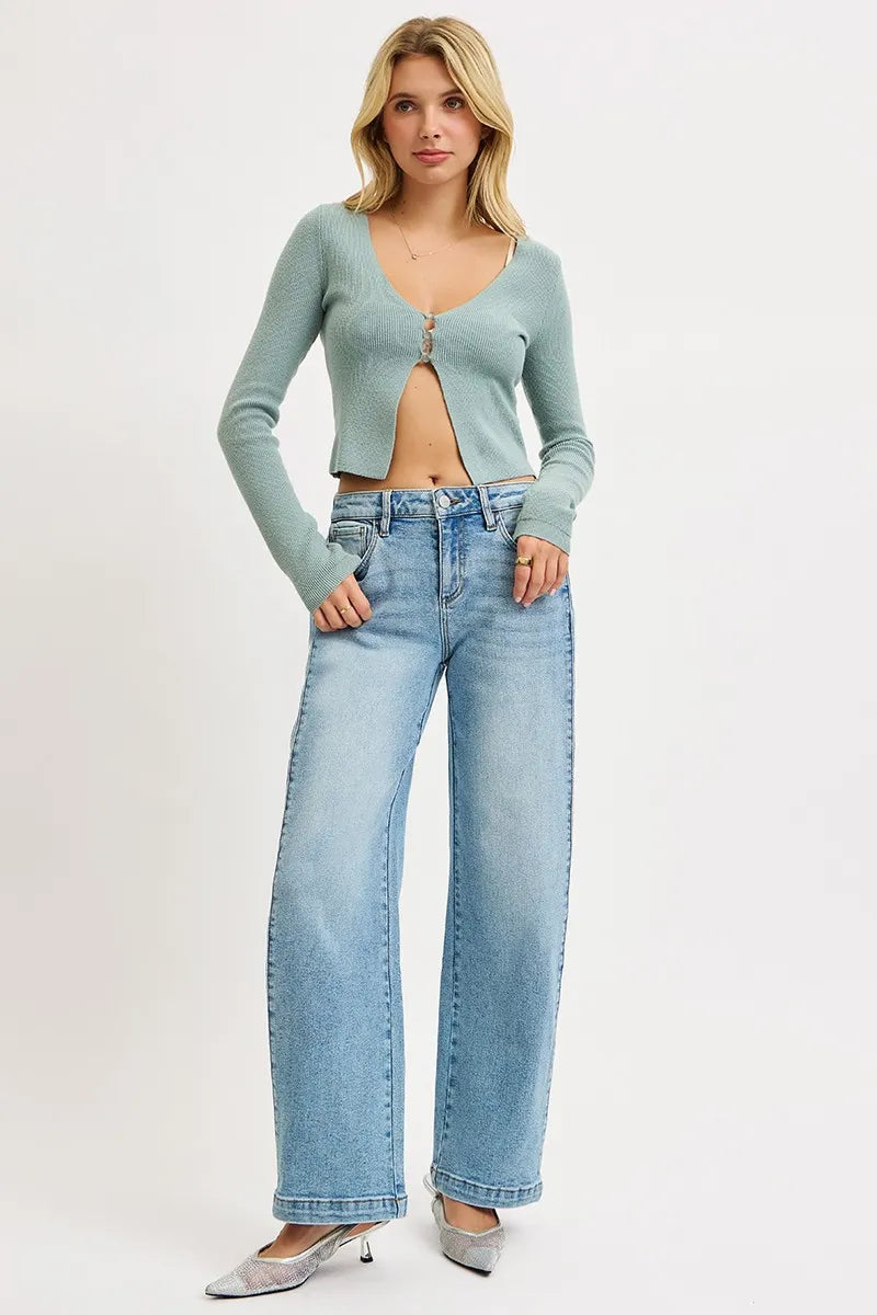 RISEN Mid Rise Wide Barrel Transferable Leg Snap Jeans on Simply Obsessed