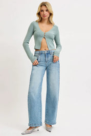 RISEN Mid Rise Wide Barrel Transferable Leg Snap Jeans on Simply Obsessed