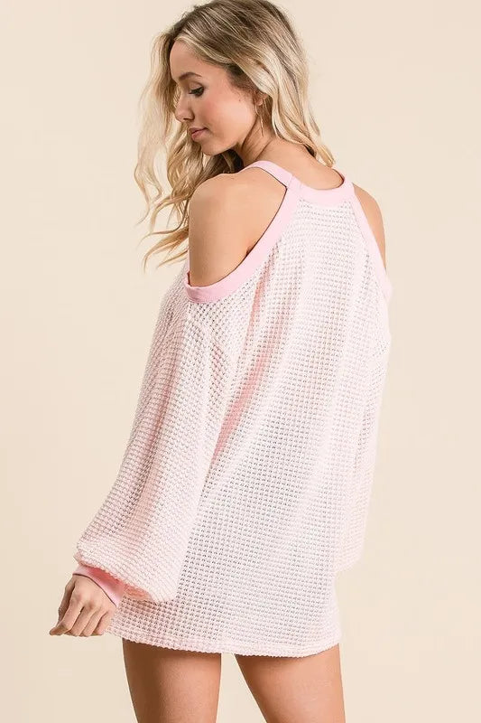 BIBI Popcorn Waffle Top with Cold Shoulder Detail on Simply Obsessed