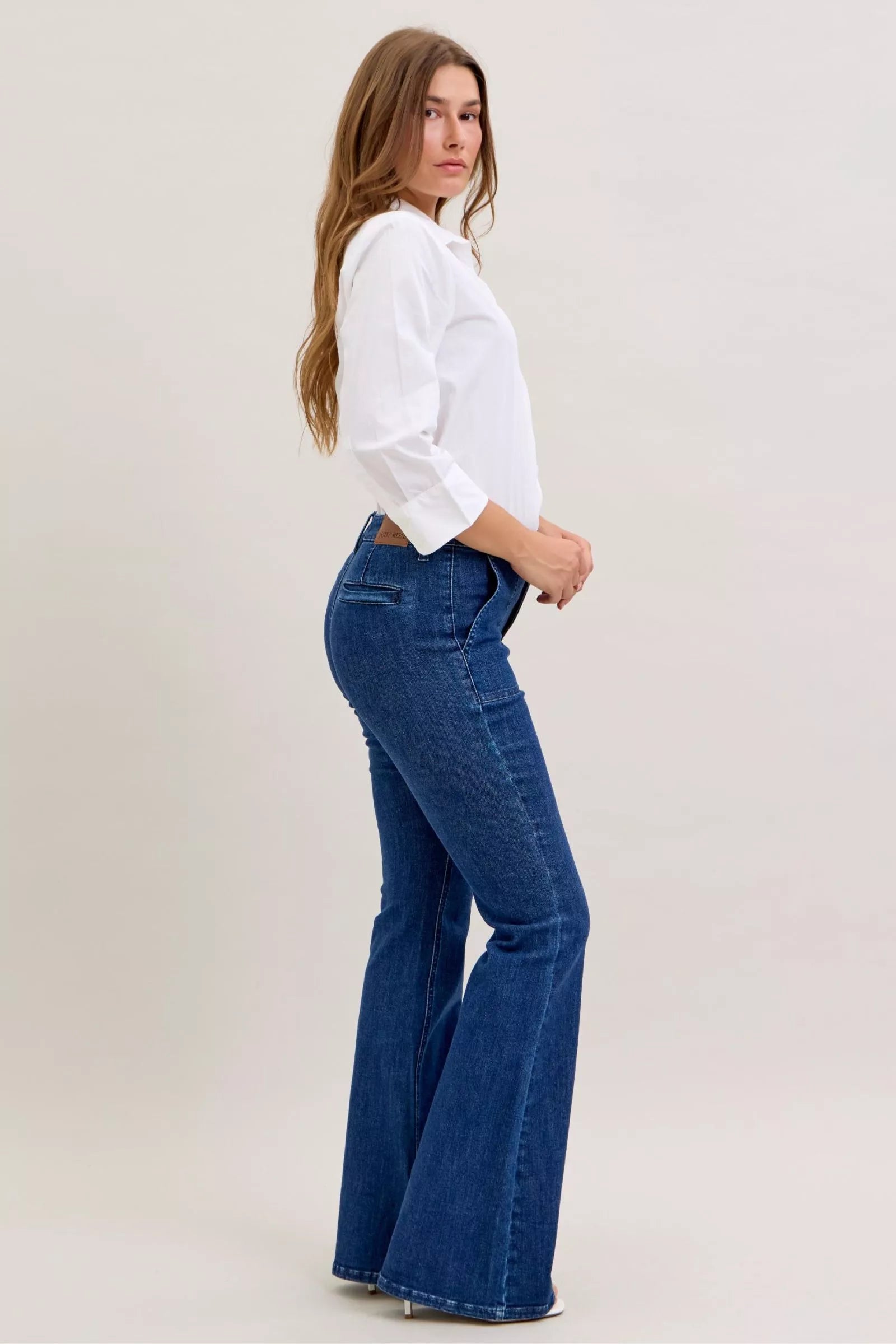 Judy Blue High Waist Flare Jeans with Front Patch Pockets on Simply Obsessed