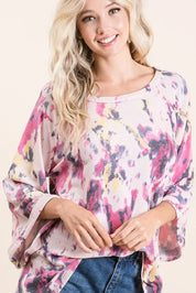 BIBI Tie Dye Print Terry A Line Top with Bell Sleeves on Simply Obsessed