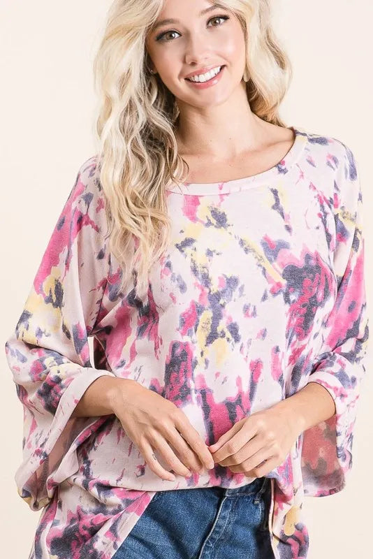 BIBI Tie Dye Print Terry A Line Top with Bell Sleeves on Simply Obsessed