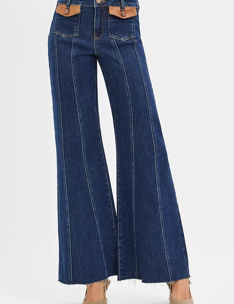 RISEN High Rise Wide Flare Jeans with Front Leather Pocket Detail on Simply Obsessed