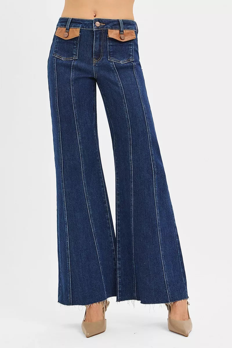 RISEN High Rise Wide Flare Jeans with Front Leather Pocket Detail on Simply Obsessed