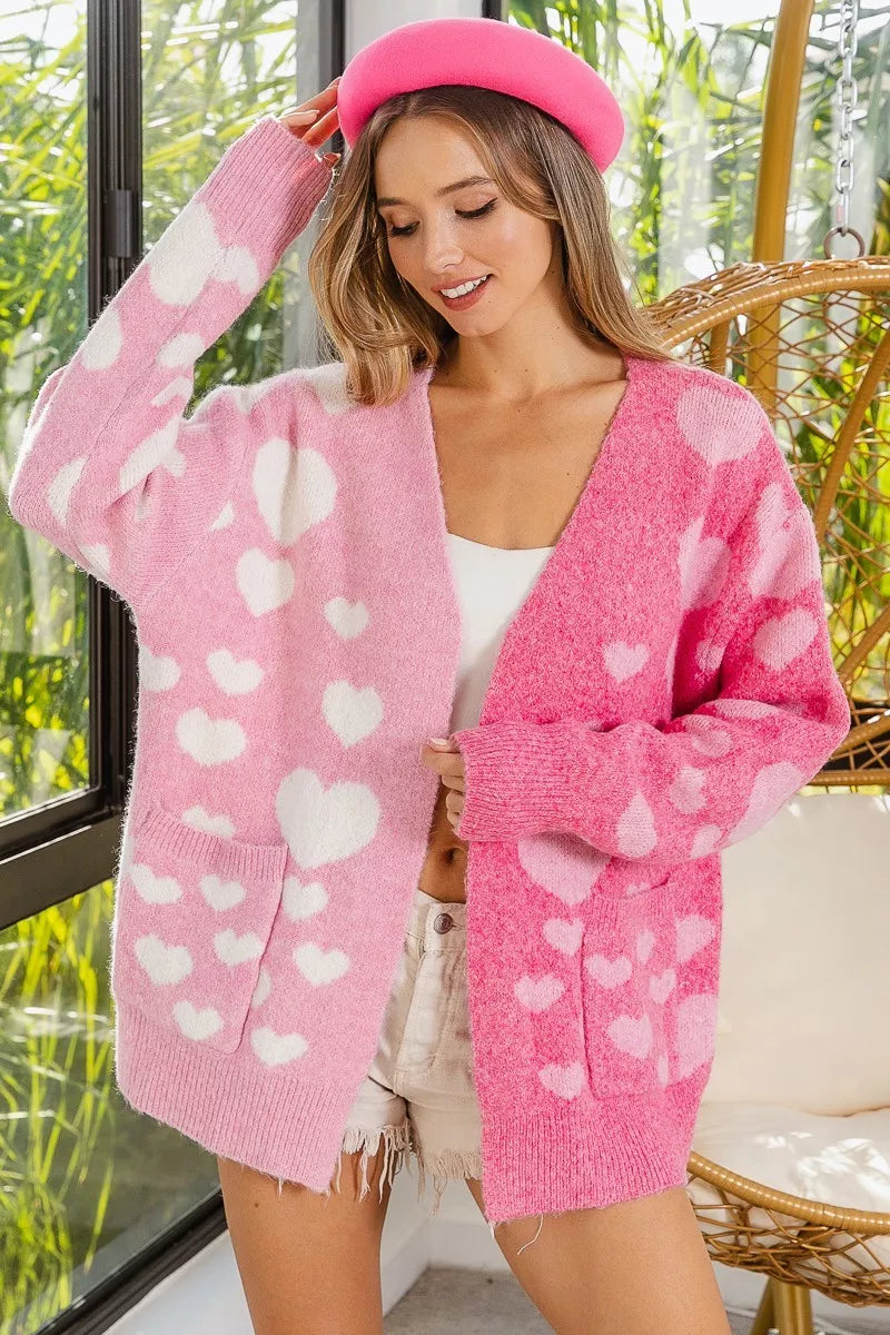 BIBI Heart Color Block V-Beck Knit Cardigan with Pockets on Simply Obsessed