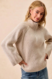 BiBi Two Tone Rib Texured Knit Collared Top with Zip Up on Simply Obsessed