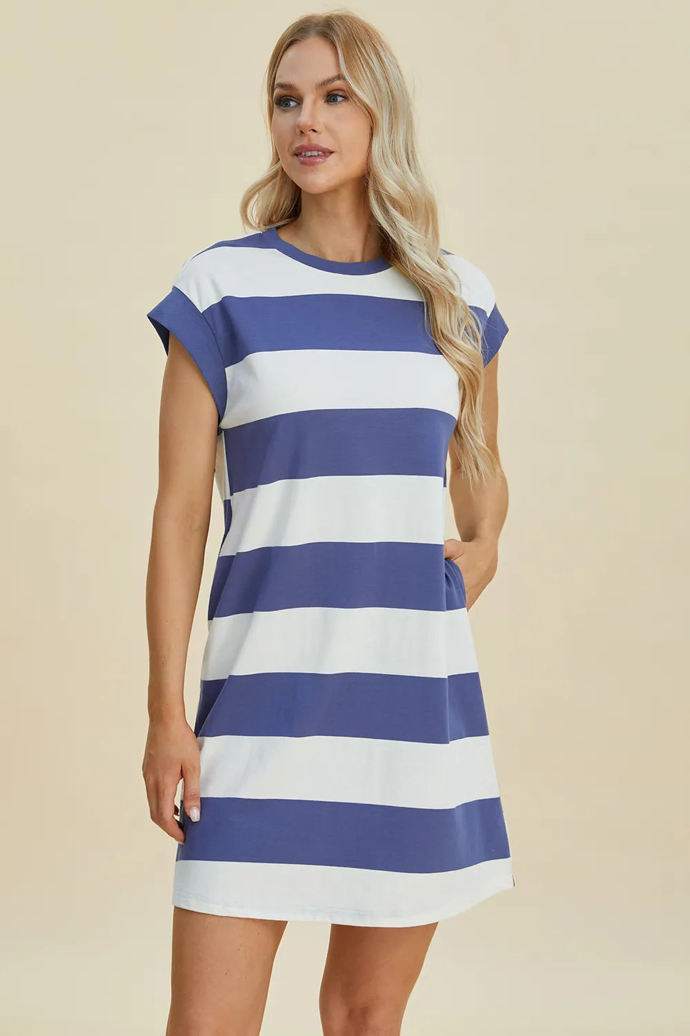 BASIC BAE Full Size Striped Round Neck Cap Sleeve Mini Dress on Simply Obsessed
