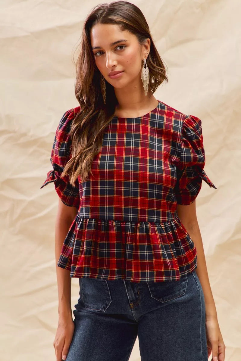 SO ME Christmas Holiday Plaid Ribbon Short Sleeves Top on Simply Obsessed