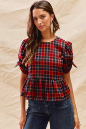 SO ME Christmas Holiday Plaid Ribbon Short Sleeves Top on Simply Obsessed
