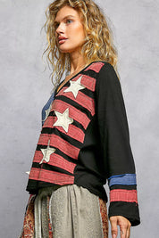 POL Double Gauze American Flag Patch V-Neck Long Sleeve T-Shirt on Simply Obsessed