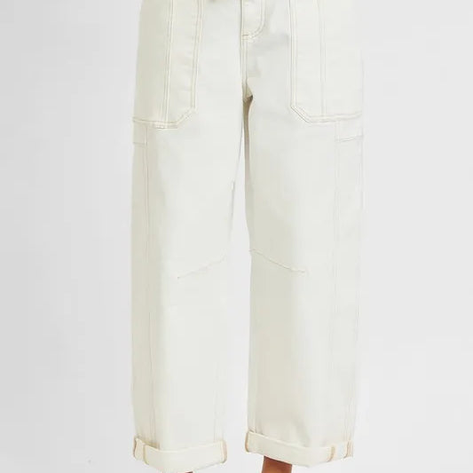 RISEN Full Size High Rise Crop Wide Barrel Cargo Pocket Jeans Plus Size on Simply Obsessed