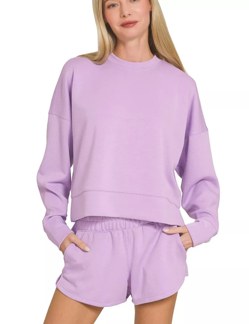 Zenana Scuba Long Sleeve Sweatshirts & Shorts Set on Simply Obsessed