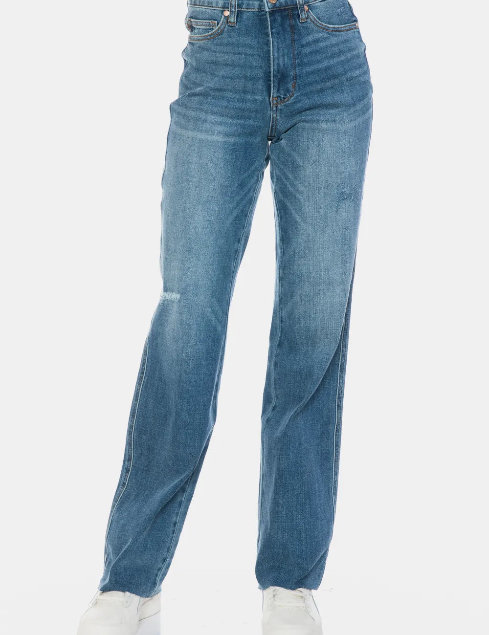 JUDY BLUE Full Size Tummy Control Cut Raw Hem Straight Jeans on Simply Obsessed