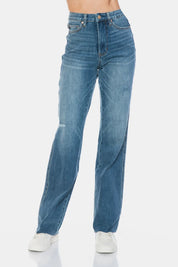 JUDY BLUE Full Size Tummy Control Cut Raw Hem Straight Jeans on Simply Obsessed