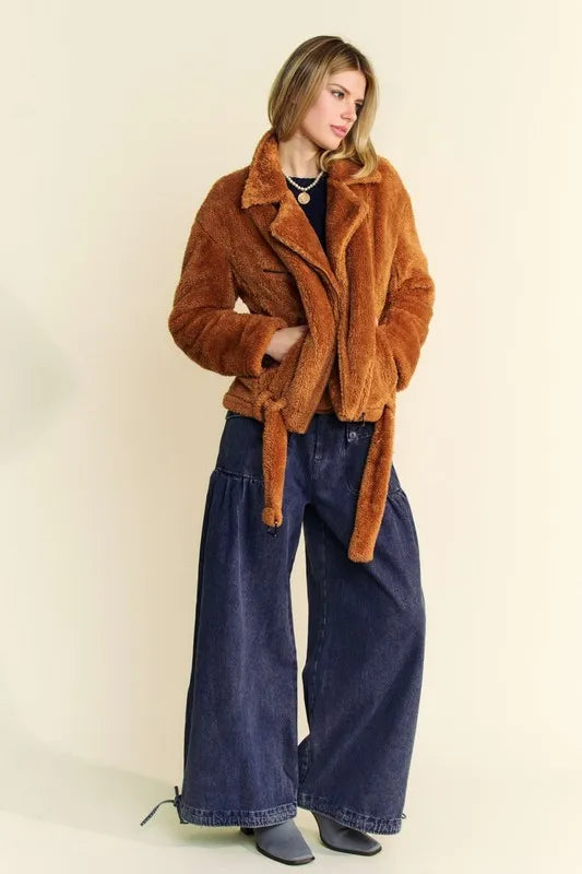 DAVI & DANI Fuzzy Zip Up Collared Neck Jacket on Simply Obsessed