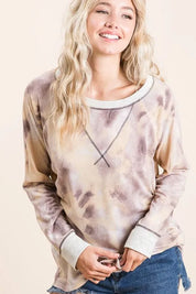 BiBi Tie Dye Terry Pull Over With Contrast Stitching on Simply Obsessed