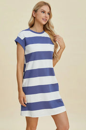 BASIC BAE Full Size Striped Round Neck Cap Sleeve Mini Dress on Simply Obsessed