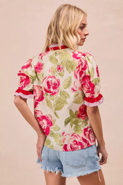 BiBi Floral Printed Woven Contrast Edge Ruffled Blouse on Simply Obsessed