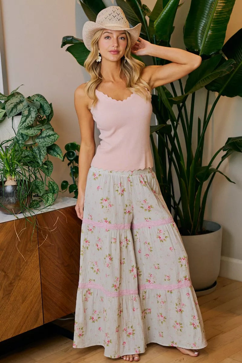 BIBI Rose Printed Gauze Trim Detail Smocked Maxi Pants on Simply Obsessed