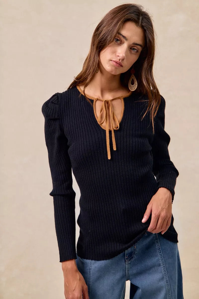 BiBi Ribbed Contrast Front Tied Top with Shrried on Simply Obsessed