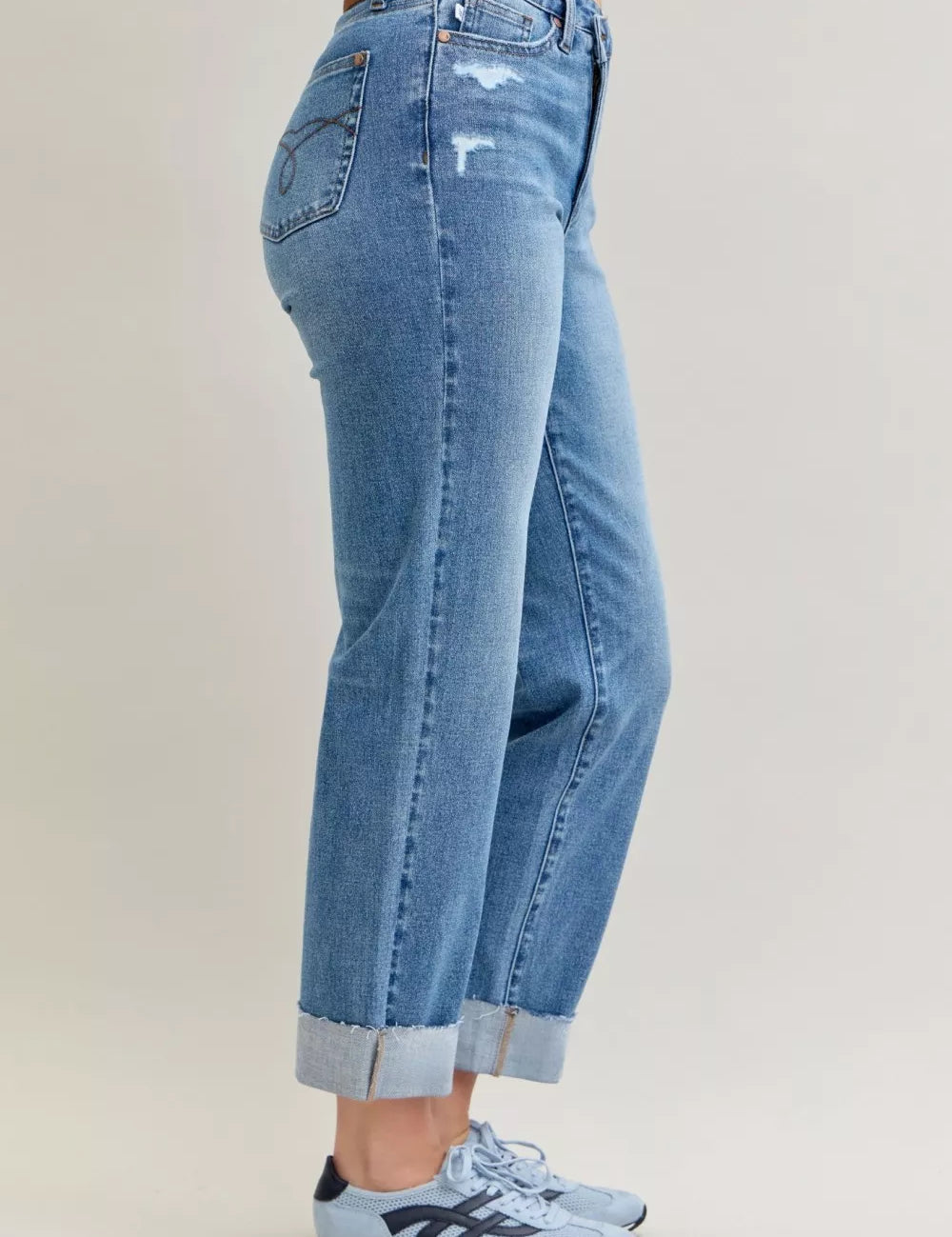 Judy Blue High Waist Bf Criss-cross Mild Destroy Jeans with Single Cuff on Simply Obsessed