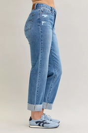 Judy Blue High Waist Bf Criss-cross Mild Destroy Jeans with Single Cuff on Simply Obsessed