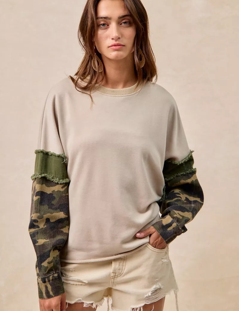 BiBi Camo Sleeve French Terry Top with Frayed Edge on Simply Obsessed