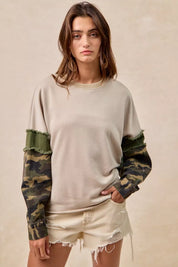 BiBi Camo Sleeve French Terry Top with Frayed Edge on Simply Obsessed