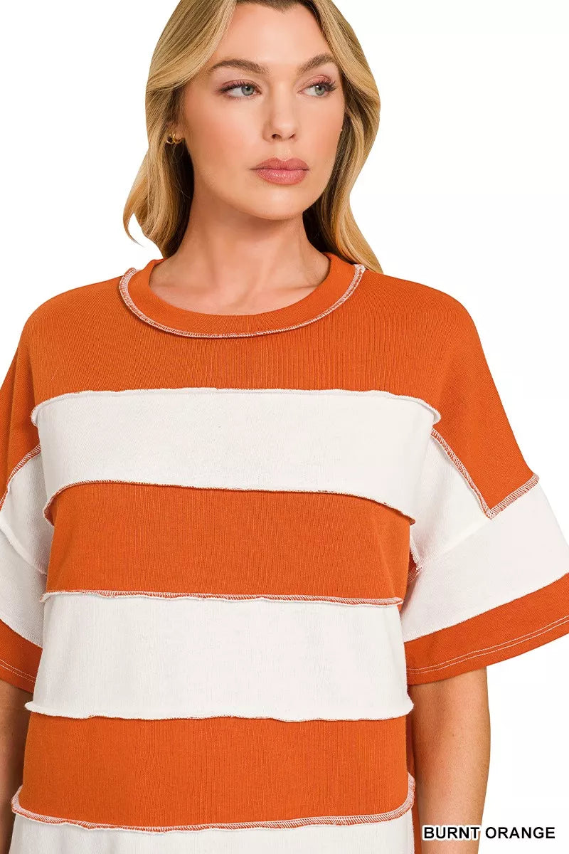 ZENANA French Terry Striped Exposed Seam Top on Simply Obsessed