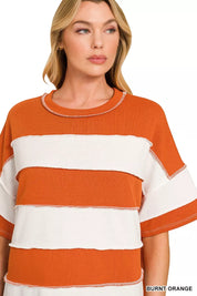 ZENANA French Terry Striped Exposed Seam Top on Simply Obsessed