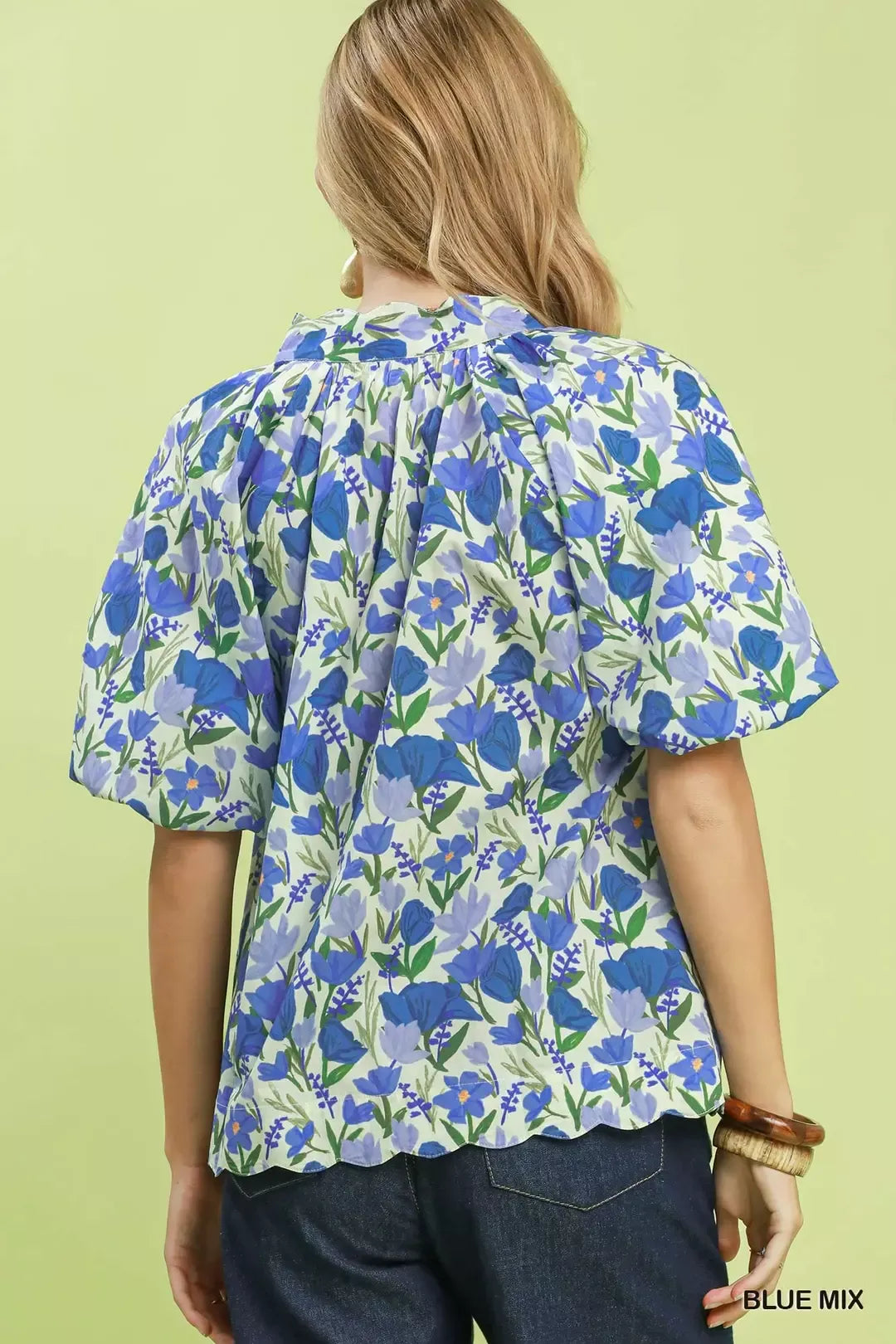 UMGEE Floral Puff Sleeve Blouse with Scalloped Details on Simply Obsessed