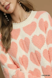 Umgee Mix Heart Pattern Pearl Accent Sweater on Simply Obsessed