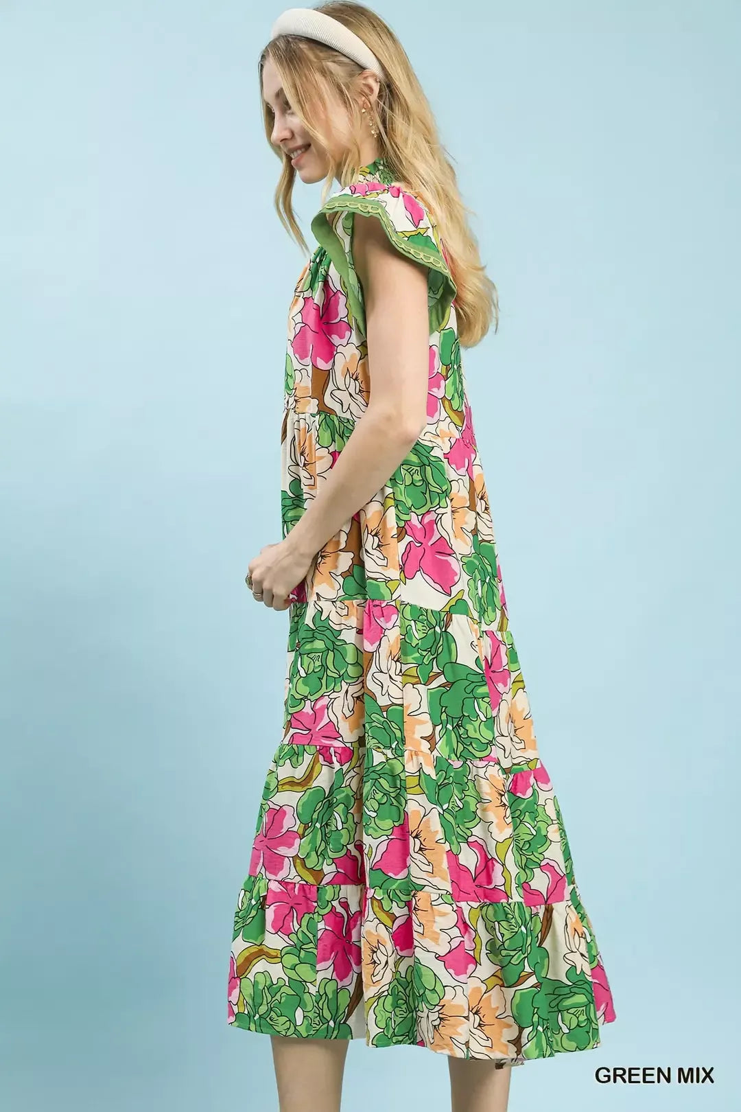 UMGEE Mix Bold Floral Tiered Midi Dress on Simply Obsessed