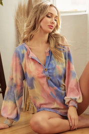 BIBI Tie Dye Texture Knit Top With Buttoned Placket on Simply Obsessed