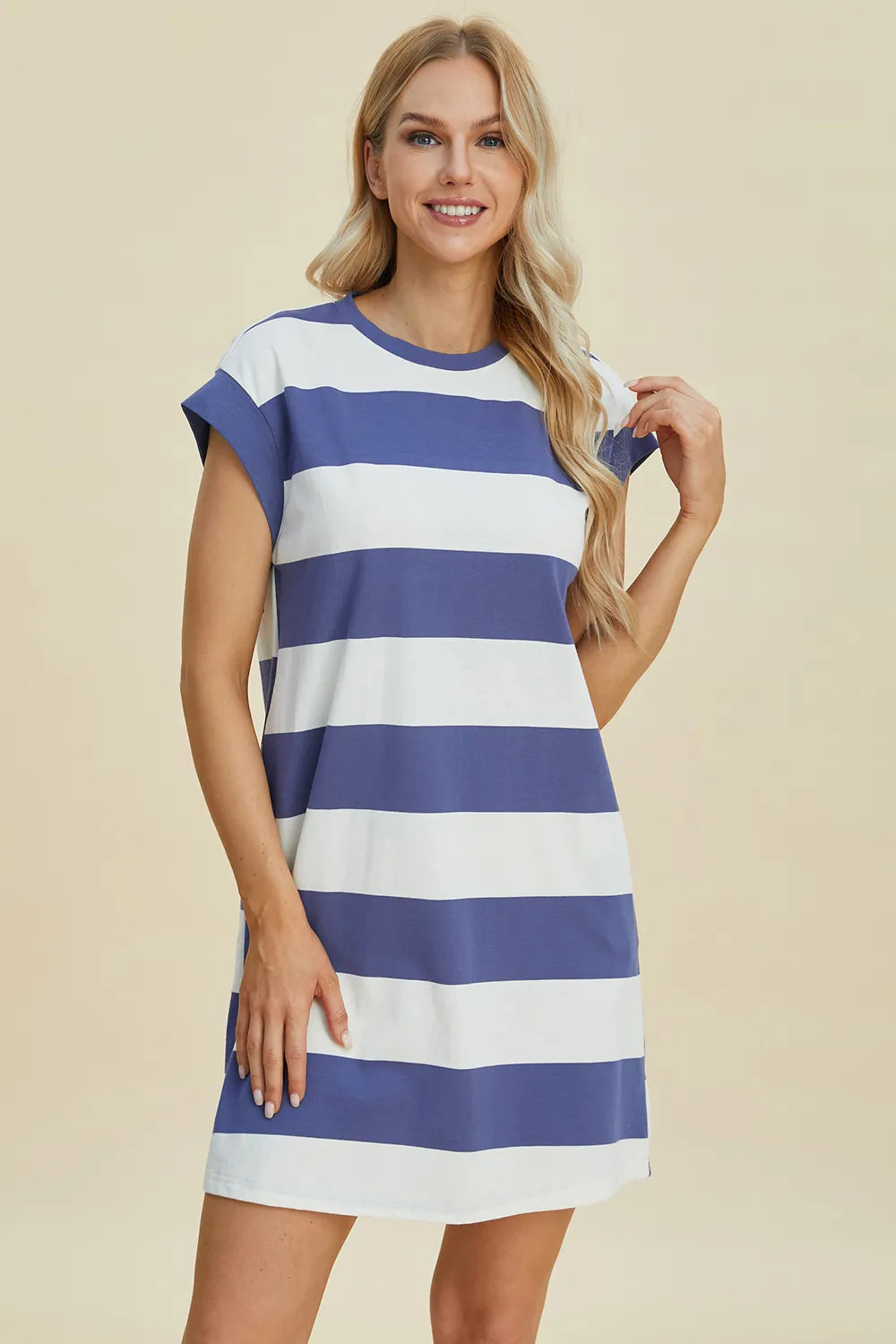 BASIC BAE Full Size Striped Round Neck Cap Sleeve Mini Dress on Simply Obsessed