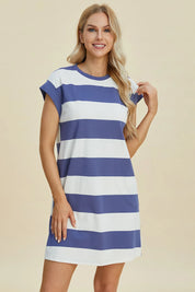 BASIC BAE Full Size Striped Round Neck Cap Sleeve Mini Dress on Simply Obsessed