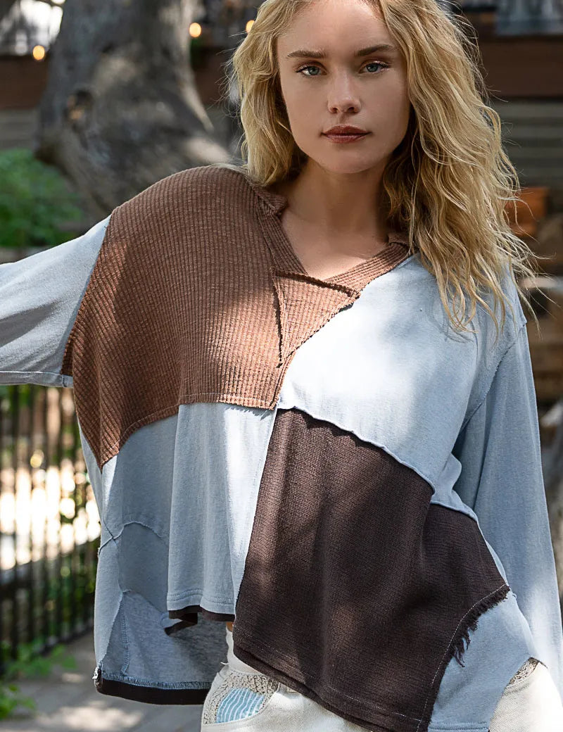 POL Color Block Notched Long Sleeve T-Shirt on Simply Obsessed