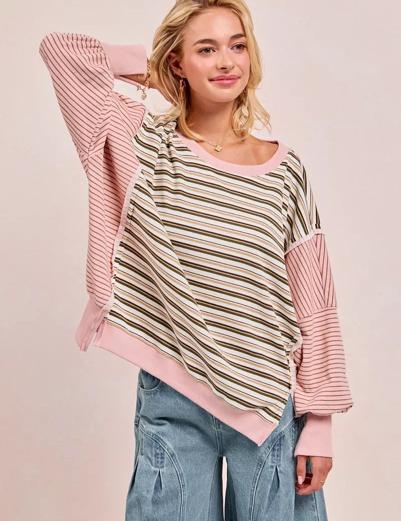 BIBI Stripe Mixed Top With Cut Edge And Reverse Outseam on Simply Obsessed
