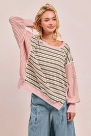 BIBI Stripe Mixed Top With Cut Edge And Reverse Outseam on Simply Obsessed