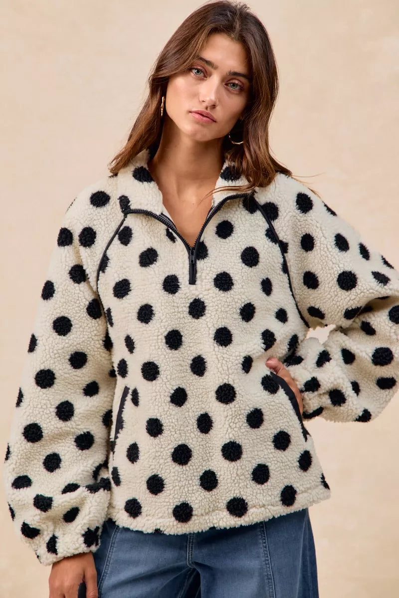 BIBI Polka Dot Sherpa Half Zip Up Top with Side Pocket on Simply Obsessed