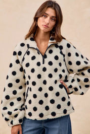 BIBI Polka Dot Sherpa Half Zip Up Top with Side Pocket on Simply Obsessed