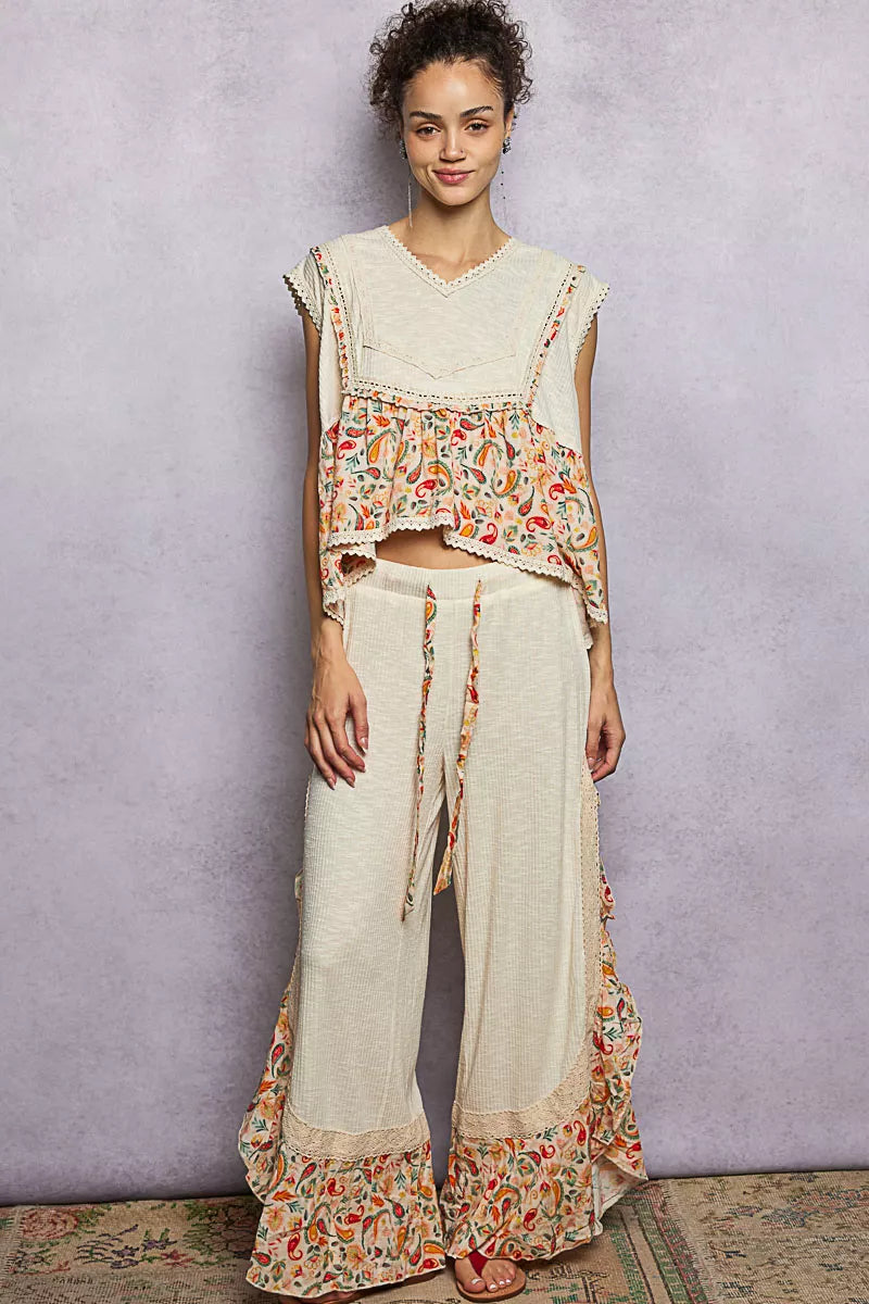 POL Lace Detail Floral Cropped Ruffled Top on Simply Obsessed