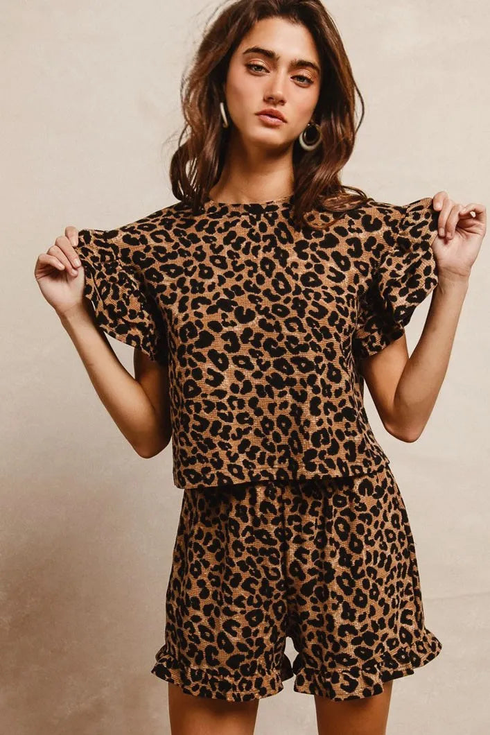 BIBI Leopard Print Waffle Texture Layered Ruffle Sleeve Top and Shorts Set on Simply Obsessed