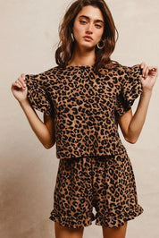 BIBI Leopard Print Waffle Texture Layered Ruffle Sleeve Top and Shorts Set on Simply Obsessed