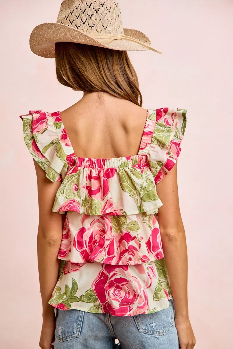 BiBi Floral Print Woven Bow Tie Ruffle Square Neck Top on Simply Obsessed