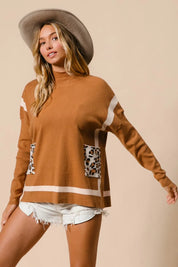 BiBi Mock Neck Sweater with Leopard Pocket on Simply Obsessed